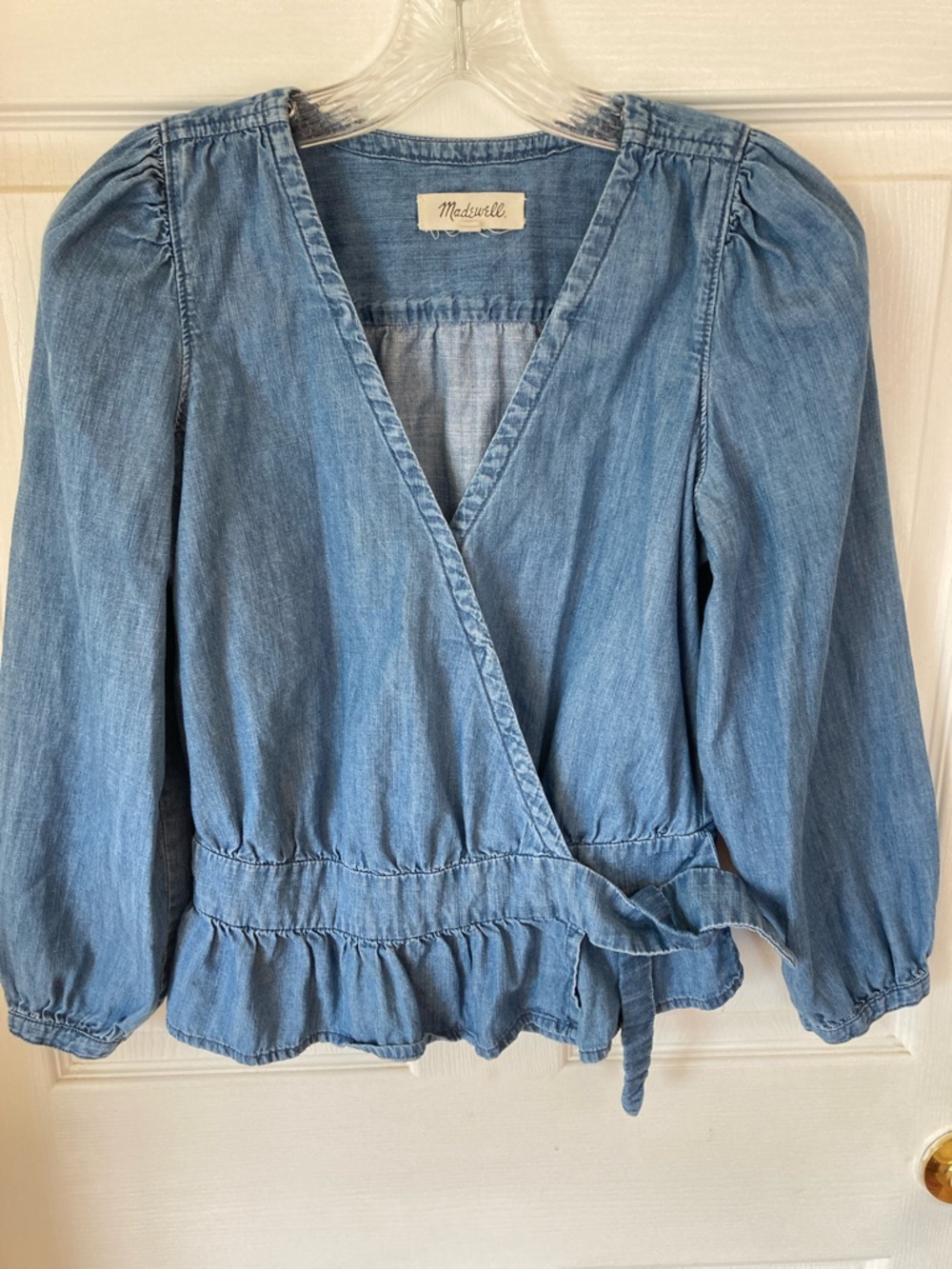 Madewell Chambray Wrap Blouse in Light Blue - Picture 1 of 8